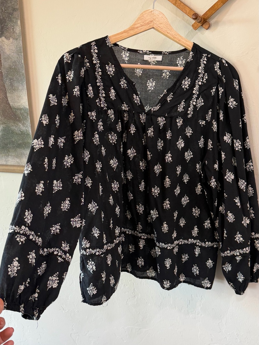 Maurices Black Floral V-Neck Peasant Blouse